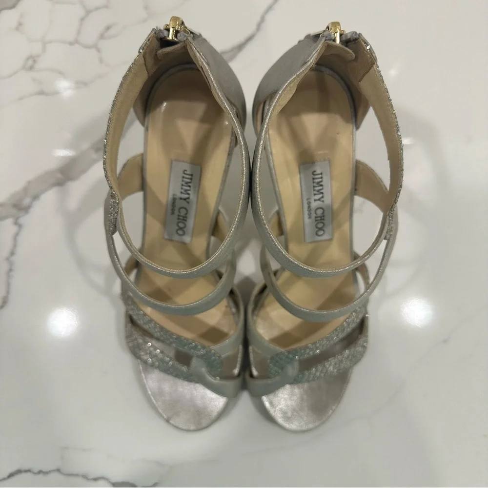 Jimmy Choo Authentic Designer Glittering Silver High Heels - Picture 6 of 16